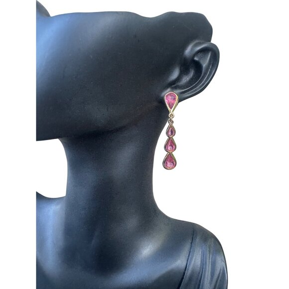 Vintage Monet Gold-Tone Pink Teardrop Dangle Earrings - Picture 2 of 11
